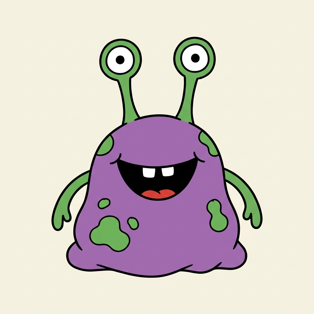 Jonno, the friendly purple and green alien, with eyes only on stalks